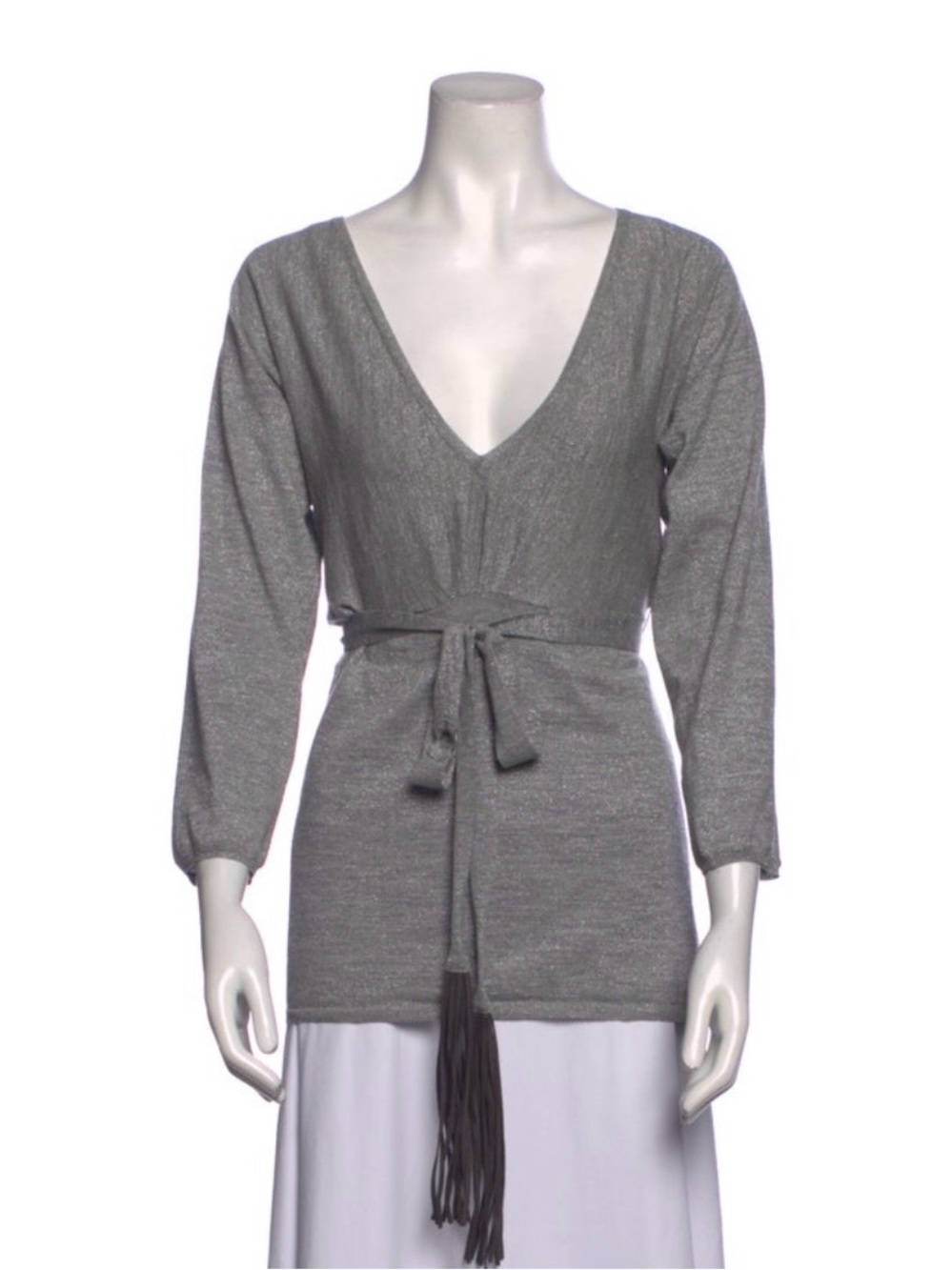 Brunello Cucinelli Women’s V-Neck Long Sleeve Grey Shimmer Top